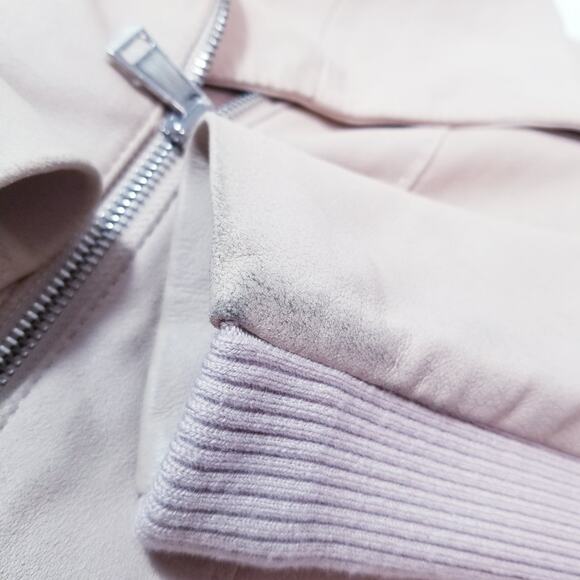 VINCE 100% Goat Leather Merino Wool Ribbed Trim Moto Jacket Double Zipper - Picture 7 of 14